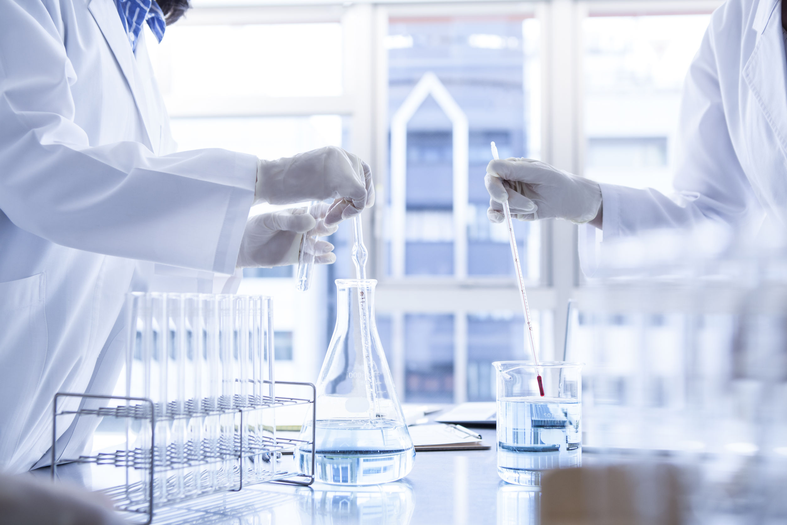 理科生在大学实验室内进行化学研究。