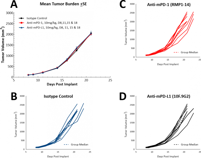 图4:LL/2 SC肿瘤对单药检查点抑制剂抗mPD-1和抗mPD-L1的反应。