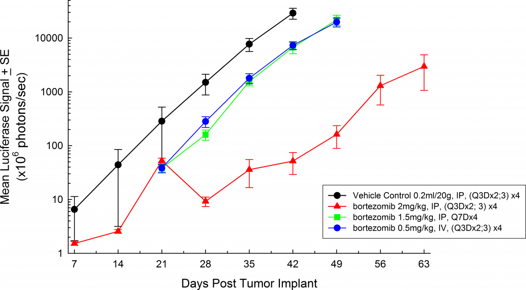 图3:SCID米色小鼠中MM.1S-pMMP-LucNeo人多发性骨髓瘤:平均总肿瘤负担BLI信号